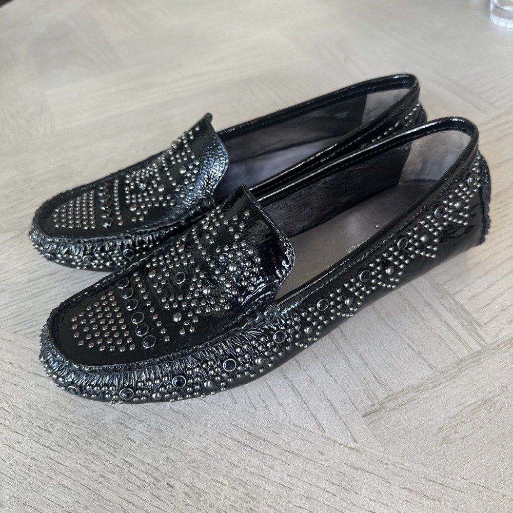 Donald J Pliner‎ 8.5 Black Crystals Uma Studded Patent Slip On Loafer shoes